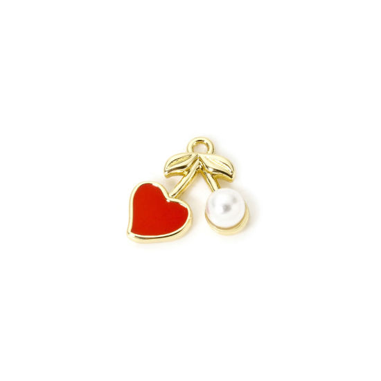Image de 1 Pièce Breloques 3D en Laiton Plaqué Or 18K Rouge Cerise Émail 12mm x 11mm