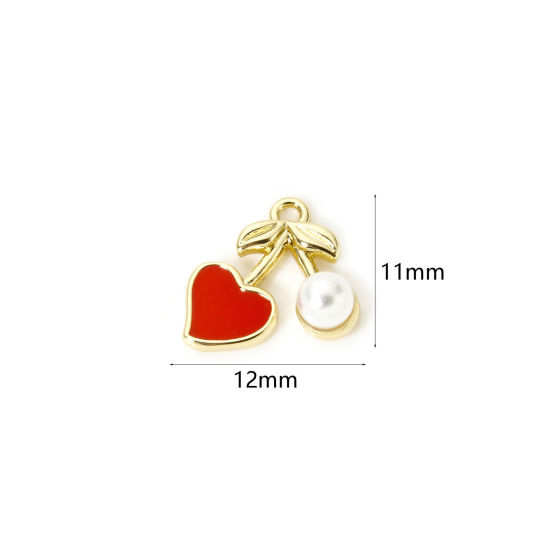 Image de 1 Pièce Breloques 3D en Laiton Plaqué Or 18K Rouge Cerise Émail 12mm x 11mm