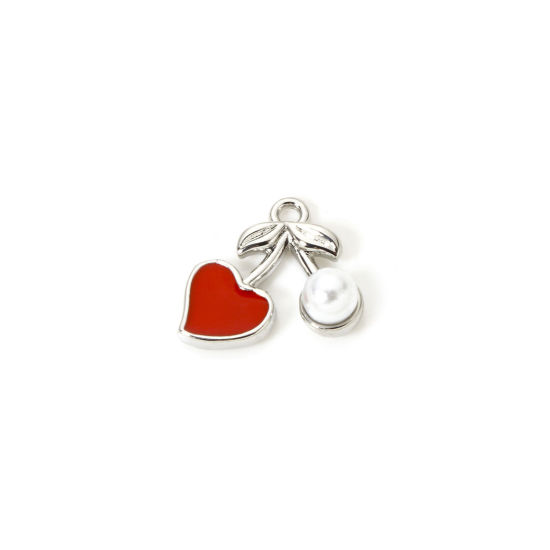 Image de 1 Pièce Breloques 3D en Laiton Plaqué Platine Rouge Cerise Émail 12mm x 11mm