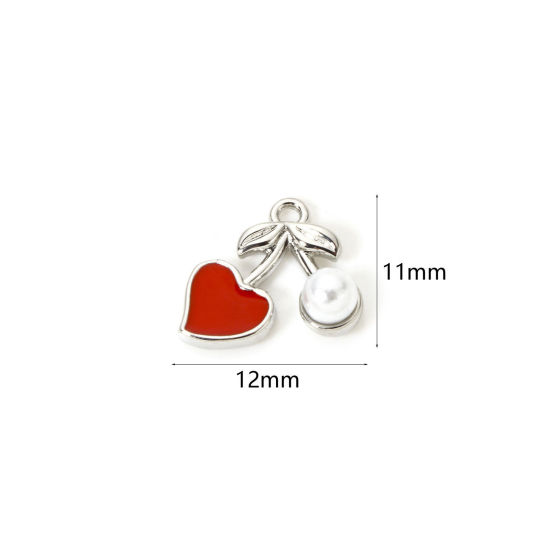 Image de 1 Pièce Breloques 3D en Laiton Plaqué Platine Rouge Cerise Émail 12mm x 11mm