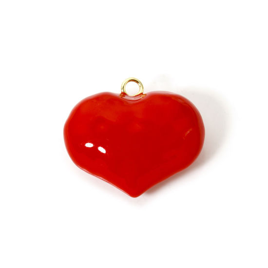 Image de 1 Pièce Breloques 3D en Laiton Plaqué Or 18K Rouge Cœur Émail 3.1cm x 2.7cm