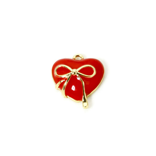 Image de 1 Pièce Breloques 3D en Laiton Plaqué Or 18K Rouge Cœur Nœuds Papillons Émail 15mm x 14mm