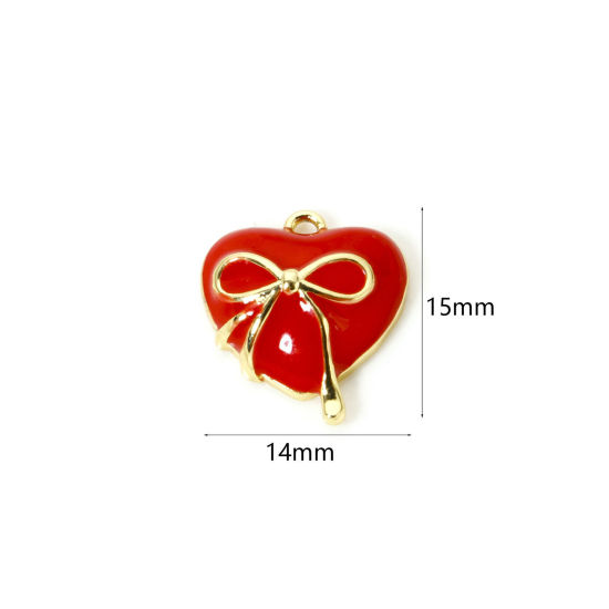 Image de 1 Pièce Breloques 3D en Laiton Plaqué Or 18K Rouge Cœur Nœuds Papillons Émail 15mm x 14mm