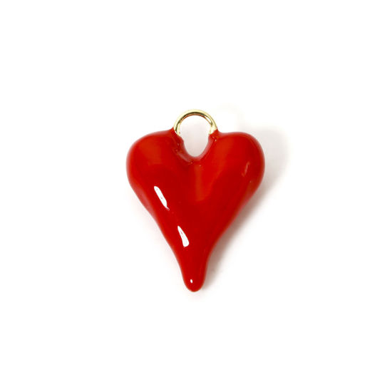 Image de 1 Pièce Breloques 3D en Laiton Plaqué Or 18K Rouge Cœur Émail 28mm x 21mm