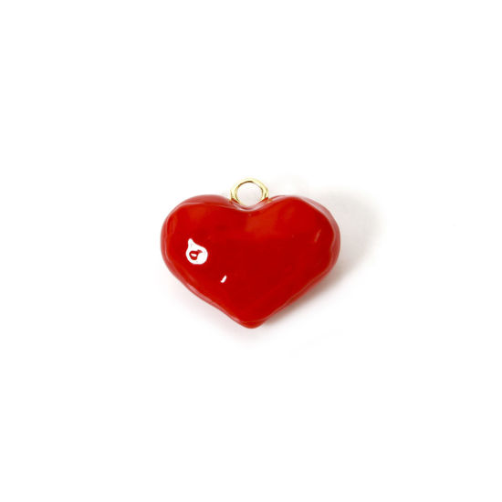 Image de 1 Pièce Breloques 3D en Laiton Plaqué Or 18K Rouge Cœur Émail 19mm x 16mm