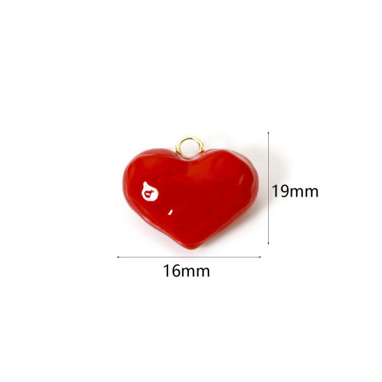 Image de 1 Pièce Breloques 3D en Laiton Plaqué Or 18K Rouge Cœur Émail 19mm x 16mm
