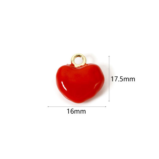 Image de 1 Pièce Breloques 3D en Laiton Plaqué Or 18K Rouge Cœur Émail 17.5mm x 16mm
