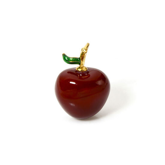 1 個 真鍮 3D チャーム 18Kゴールドメッキ 暗赤色 チェリー エナメル 21mm x 15mm、 の画像