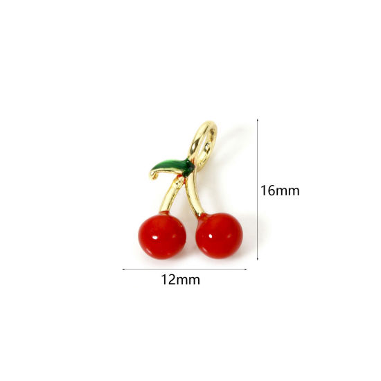 1 個 真鍮 3D チャーム 18Kゴールドメッキ チェリー エナメル 16mm x 12mm、 の画像