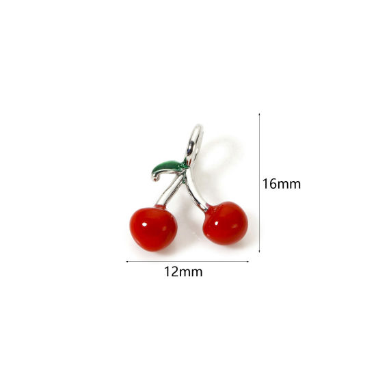 1 個 真鍮 3D チャーム プラチナメッキ 赤 チェリー エナメル 16mm x 12mm、 の画像