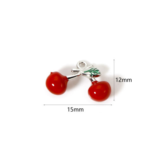 1 個 真鍮 3D チャーム プラチナメッキ 赤 チェリー エナメル 15mm x 12mm、 の画像