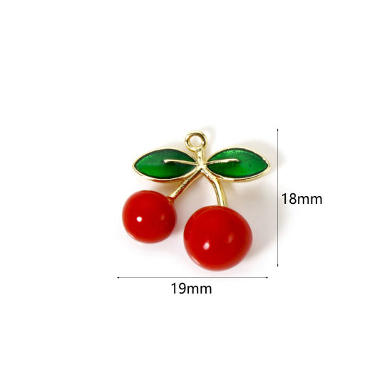 1 個 真鍮 3D チャーム 18Kゴールドメッキ 赤 チェリー エナメル 19mm x 18mm、 の画像
