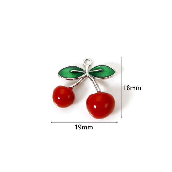 1 個 真鍮 3D チャーム プラチナメッキ 赤 チェリー エナメル 19mm x 18mm、 の画像