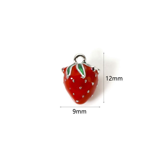 1 個 真鍮 3D チャーム プラチナメッキ 赤 苺 エナメル 12mm x 9mm、 の画像
