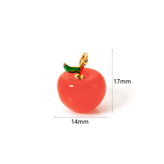 1 個 真鍮 3D チャーム 18Kゴールドメッキ 橙赤色 チェリー エナメル 17mm x 14mm、 の画像