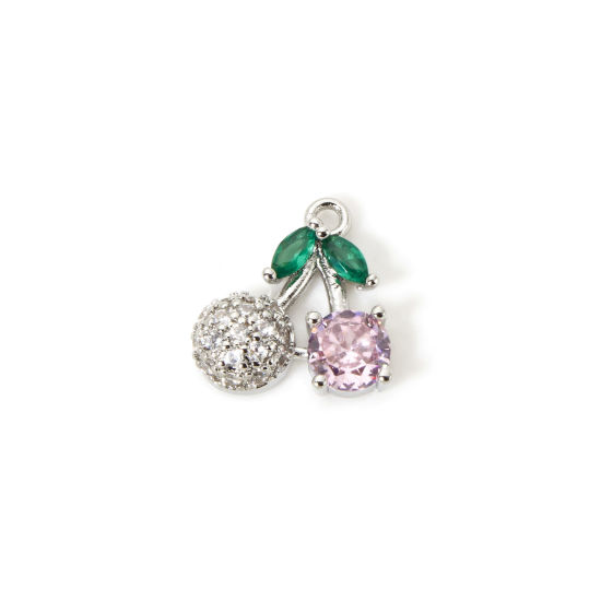 1 個 真鍮 チャーム プラチナメッキ ピンク チェリー クリア ジルコン 13mm x 13mm、 の画像