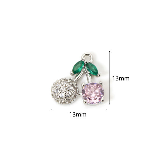 1 個 真鍮 チャーム プラチナメッキ ピンク チェリー クリア ジルコン 13mm x 13mm、 の画像