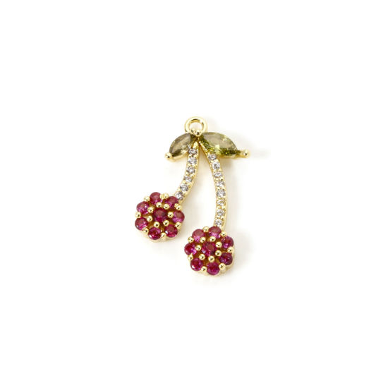 Picture of 1 Piece Brass Charms 18K Gold Plated Cherry Fruit Fuchsia Cubic Zirconia 19mm x 12mm