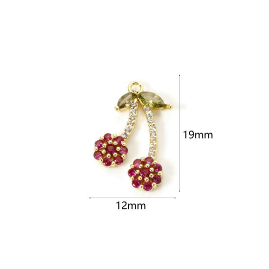 Picture of 1 Piece Brass Charms 18K Gold Plated Cherry Fruit Fuchsia Cubic Zirconia 19mm x 12mm