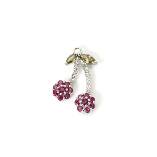 1 個 真鍮 チャーム プラチナメッキ チェリー フクシア ジルコン 19mm x 12mm、 の画像