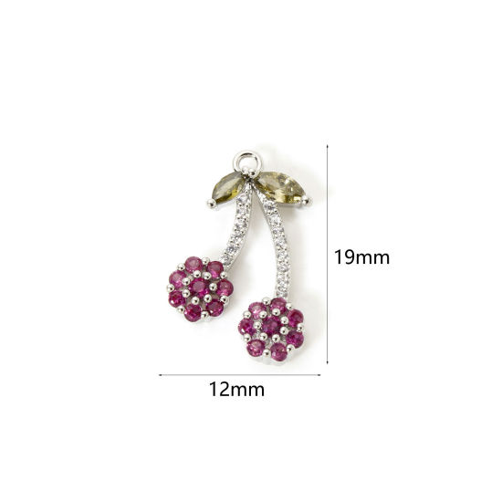 1 個 真鍮 チャーム プラチナメッキ チェリー フクシア ジルコン 19mm x 12mm、 の画像