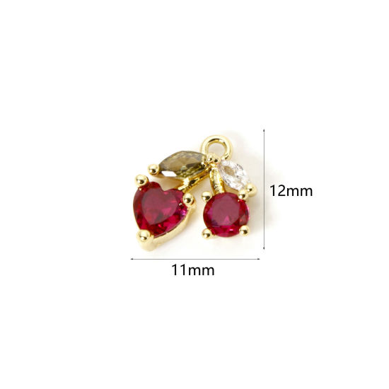 1 個 真鍮 チャーム 18Kゴールドメッキ チェリー フクシア ジルコン 12mm x 11mm、 の画像