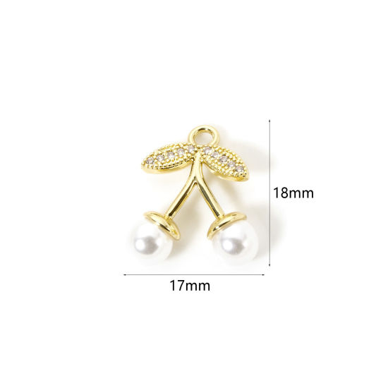 1 個 真鍮 チャーム 18Kゴールドメッキ 白 チェリー アクリル模造真珠 18mm x 17mm、 の画像