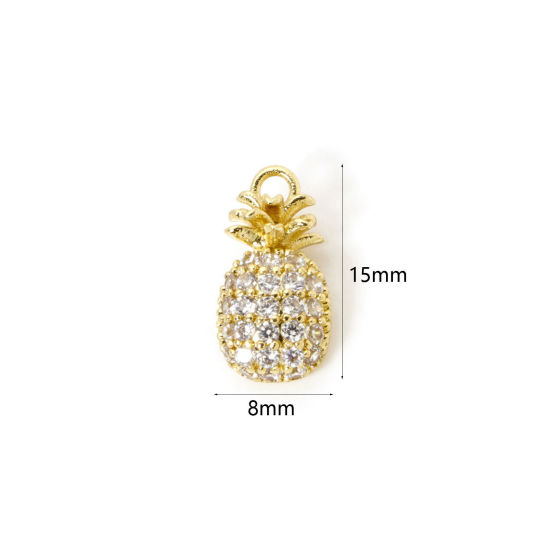 1 個 真鍮 チャーム 18Kゴールドメッキ パイナップル クリア ジルコン 15mm x 8mm、 の画像