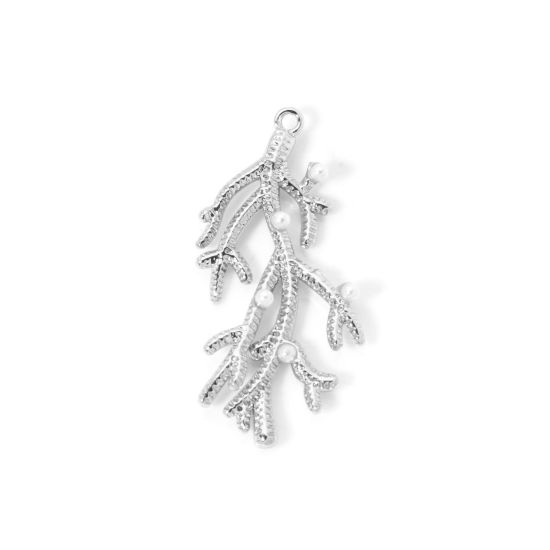 Picture of 1 Piece Brass Ocean Jewelry Charms Platinum Plated Coral Imitation Pearl 3.5cm x 1.7cm