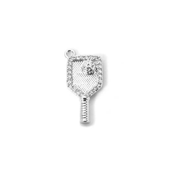 Picture of 1 Piece Brass Sport Charms Platinum Plated Racket Micro Pave Clear Cubic Zirconia 19mm x 10mm