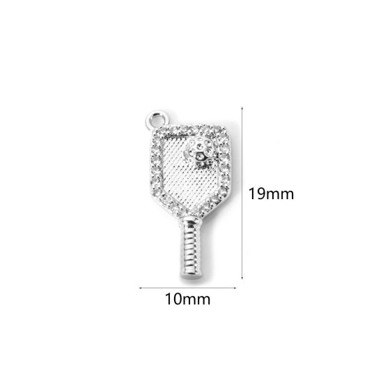 Picture of 1 Piece Brass Sport Charms Platinum Plated Racket Micro Pave Clear Cubic Zirconia 19mm x 10mm