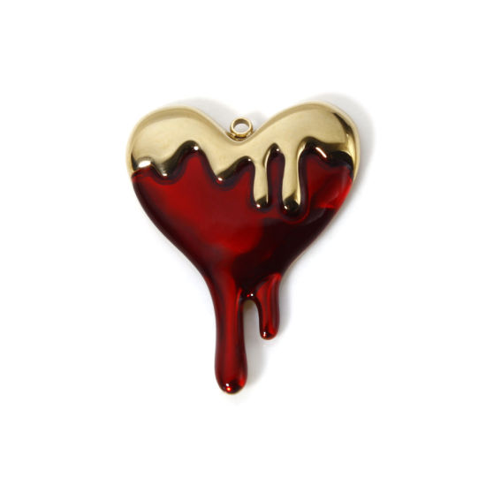 Picture of 1 Piece Eco-friendly PVD Vacuum Plating Waterproof Anti-Tarnish Hypoallergenic 304 Stainless Steel Valentine's Day Pendants 14K Real Gold Plated Red Enamel Heart 40cm x 30mm