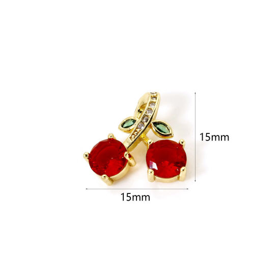 Immagine di 2 Pz Ecologico Ottone Ciondoli 18K Vero Oro Placcato Ciliegia Rosso Strass 15mm x 15mm