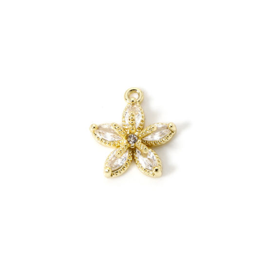 Picture of 2 PCs Brass Micro Pave Charms Wholesale 18K Real Gold Plated Flower Clear Cubic Zirconia 12mm x 11mm