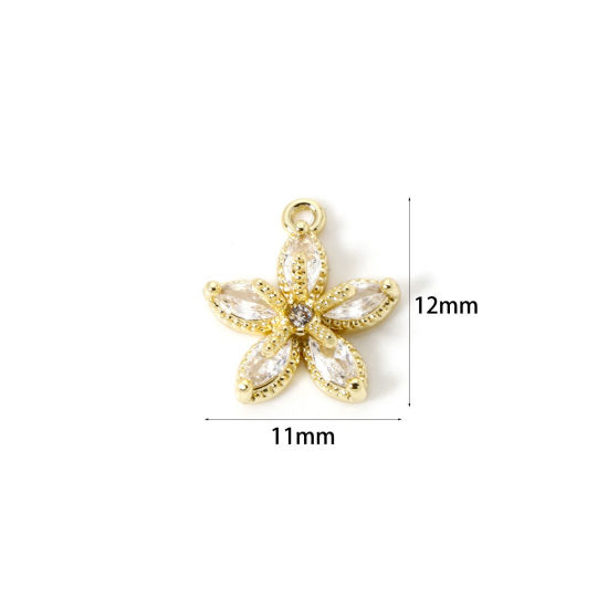 Picture of 2 PCs Brass Micro Pave Charms Wholesale 18K Real Gold Plated Flower Clear Cubic Zirconia 12mm x 11mm