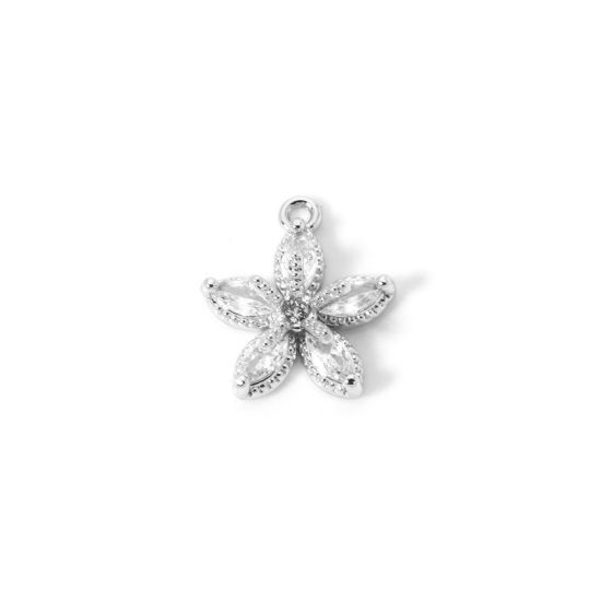 Picture of 2 PCs Brass Micro Pave Charms Wholesale Real Platinum Plated Flower Clear Cubic Zirconia 12mm x 11mm