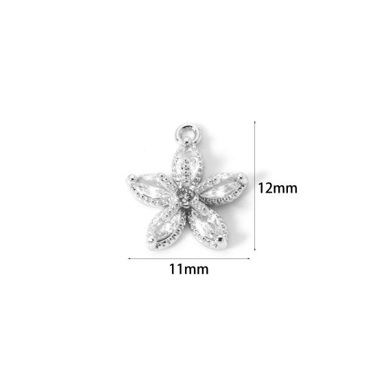 Picture of 2 PCs Brass Micro Pave Charms Wholesale Real Platinum Plated Flower Clear Cubic Zirconia 12mm x 11mm