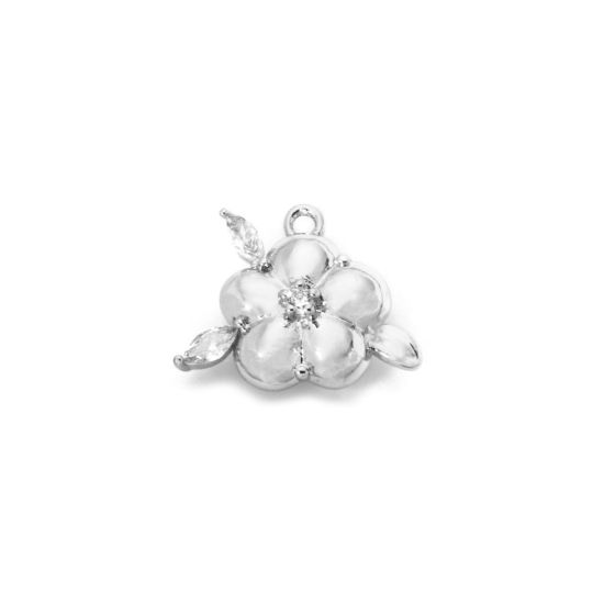 Picture of 2 PCs Brass Charms Wholesale Real Platinum Plated Flower Clear Cubic Zirconia 16mm x 13mm