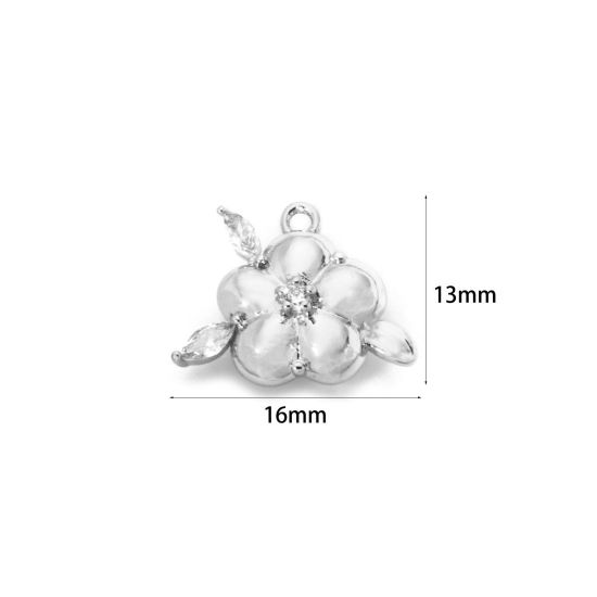 Picture of 2 PCs Brass Charms Wholesale Real Platinum Plated Flower Clear Cubic Zirconia 16mm x 13mm