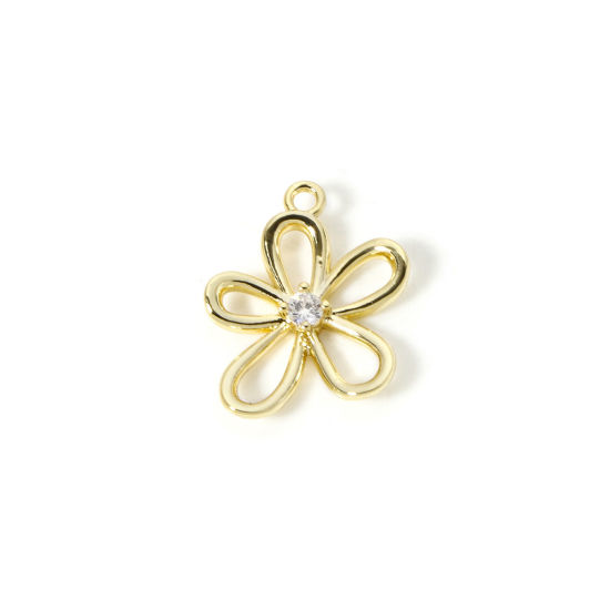 Picture of 2 PCs Brass Charms Wholesale 18K Real Gold Plated Flower Hollow Clear Cubic Zirconia 17mm x 14.5mm