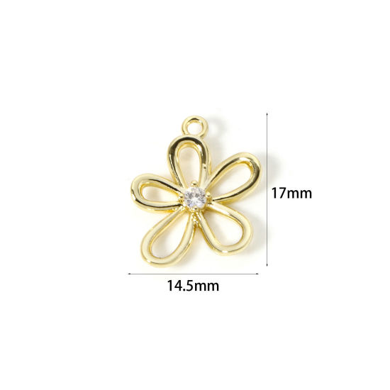Picture of 2 PCs Brass Charms Wholesale 18K Real Gold Plated Flower Hollow Clear Cubic Zirconia 17mm x 14.5mm