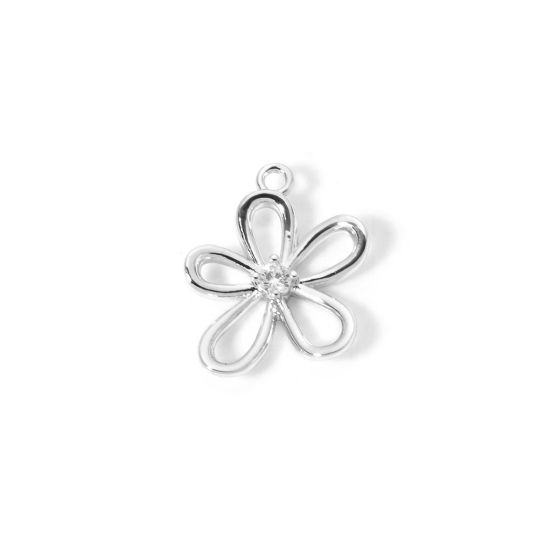Picture of 2 PCs Brass Charms Wholesale Real Platinum Plated Flower Hollow Clear Cubic Zirconia 17mm x 14.5mm