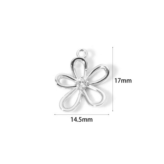 Picture of 2 PCs Brass Charms Wholesale Real Platinum Plated Flower Hollow Clear Cubic Zirconia 17mm x 14.5mm
