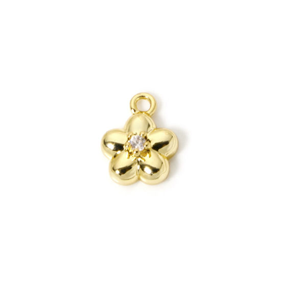 Picture of 2 PCs Brass Charms Wholesale 18K Real Gold Plated Flower Clear Cubic Zirconia 10mm x 8mm