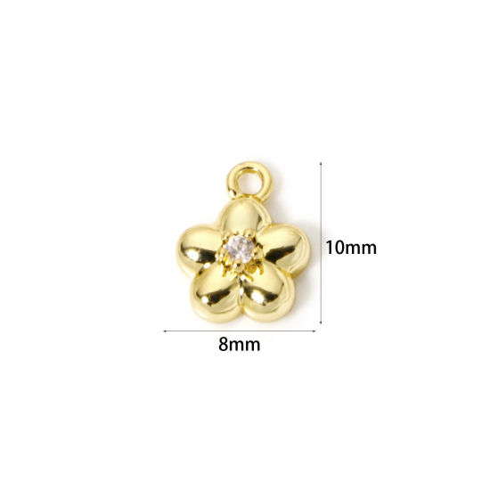 Picture of 2 PCs Brass Charms Wholesale 18K Real Gold Plated Flower Clear Cubic Zirconia 10mm x 8mm