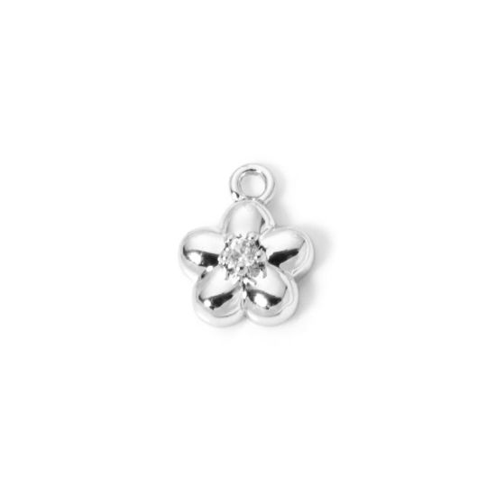Picture of 2 PCs Brass Charms Wholesale Real Platinum Plated Flower Clear Cubic Zirconia 10mm x 8mm