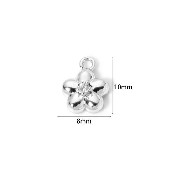 Picture of 2 PCs Brass Charms Wholesale Real Platinum Plated Flower Clear Cubic Zirconia 10mm x 8mm