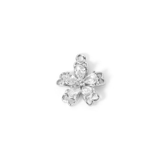 Picture of 2 PCs Brass Charms Wholesale Real Platinum Plated Flower Clear Cubic Zirconia 11mm x 10mm