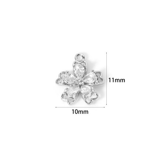 Picture of 2 PCs Brass Charms Wholesale Real Platinum Plated Flower Clear Cubic Zirconia 11mm x 10mm