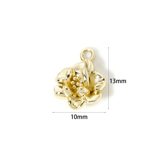 Picture of 2 PCs Brass Charms Wholesale 18K Real Gold Plated Flower 3D 13mm x 10mm